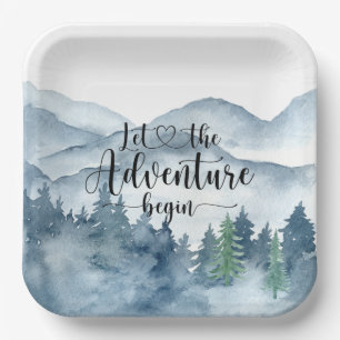 Forest Adventure Watercolor Mountains Baby Shower  Paper Plate