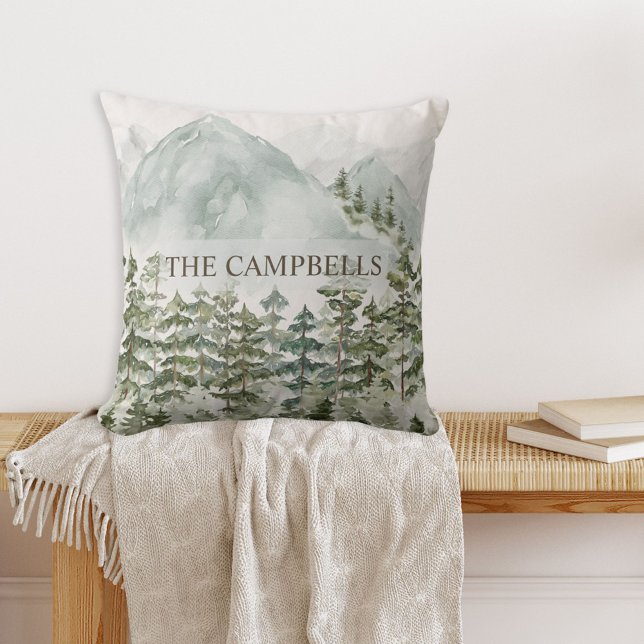 Forest and Mountain Nature Watercolor Cushion (In situ)