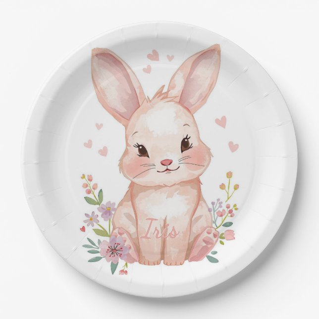 Forest Animal Baby Shower Decor Pink Bunny Paper Plate (Front)
