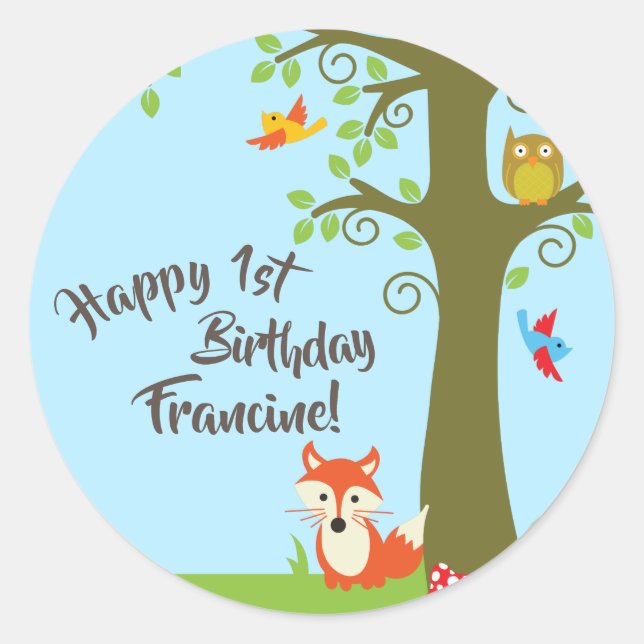 Forest Animal Woodland Kid's Birthday Party Classic Round Sticker (Front)
