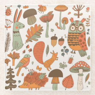Forest Animals: Autumn Colourful Background. Glass Coaster
