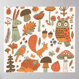 Forest Animals: Autumn Colourful Background. Poster