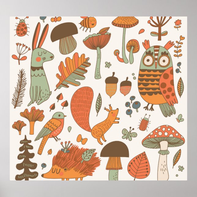 Forest Animals: Autumn Colourful Background. Poster (Front)