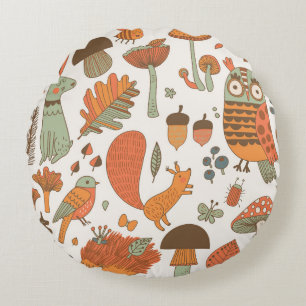 Forest Animals: Autumn Colourful Background. Round Cushion