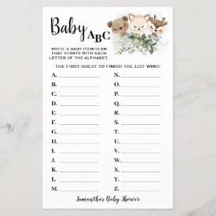 Forest Animals Baby ABC Baby Shower Game Card