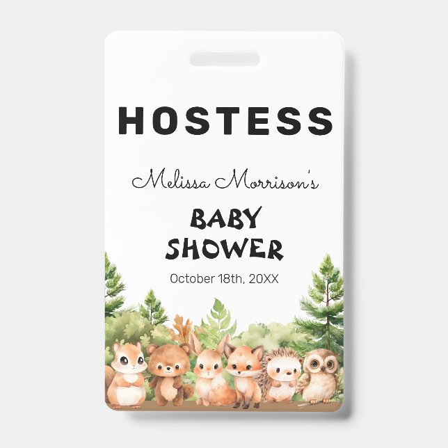 Forest Animals Baby Boy Shower Hostess ID Badge (Front)