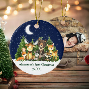 Forest Animals Baby First Christmas  - PHOTO BACK Ceramic Ornament