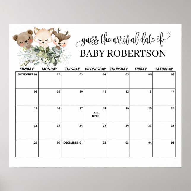 Forest Animals Baby Shower Guess Due Date Calendar Poster (Front)
