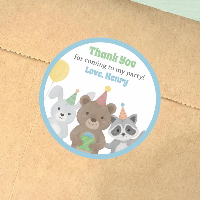 Forest Animals Birthday Party Favour Classic Round Sticker (Forest Animals sticker for party favors. Bear, rabbit & raccoon are ready to party Customize text)