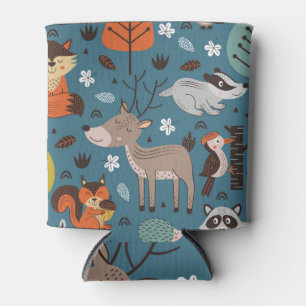 Forest animals, blue, Scandinavian style Can Cooler