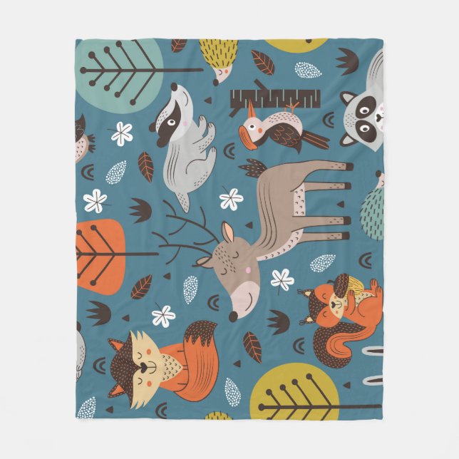 Forest animals, blue, Scandinavian style Fleece Blanket (Front)