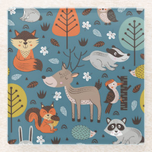 Forest animals, blue, Scandinavian style Glass Coaster