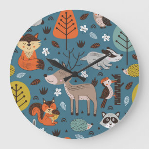Forest animals, blue, Scandinavian style Large Clock