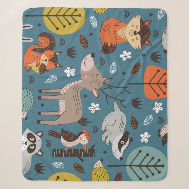 Forest animals, blue, Scandinavian style Sherpa Blanket (Front)