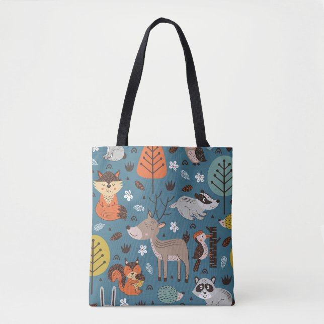 Forest animals, blue, Scandinavian style Tote Bag (Front)