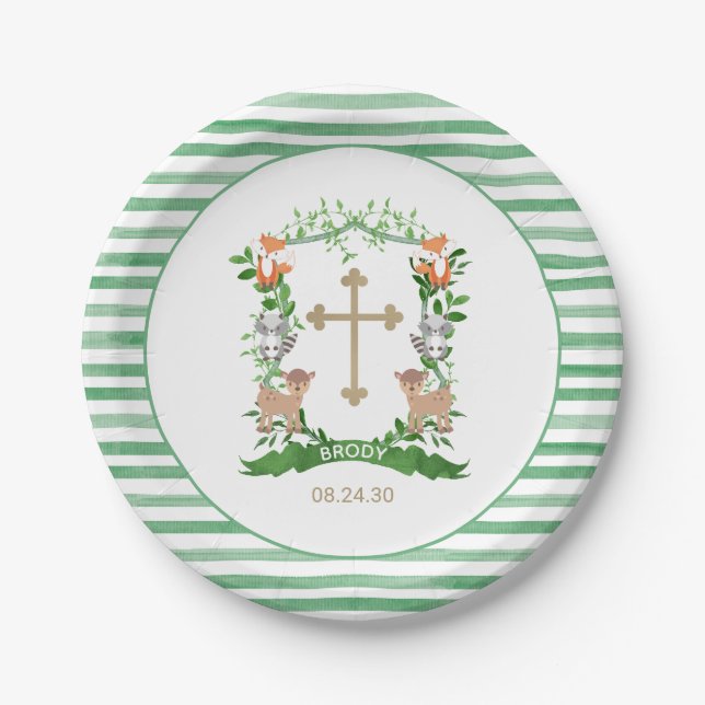 Forest Animals Crest Boy Baptism Paper Plate (Front)
