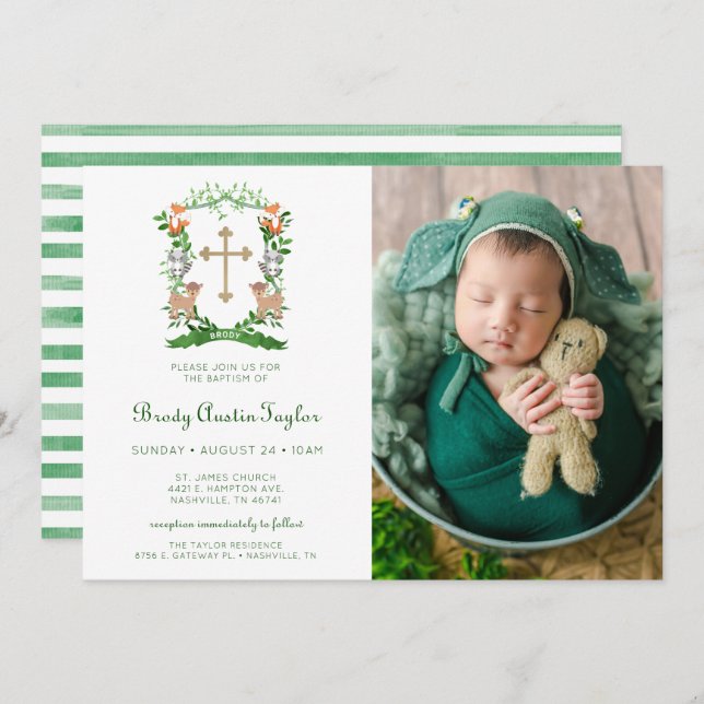 Forest Animals Crest Photo Baptism Invitation (Front/Back)