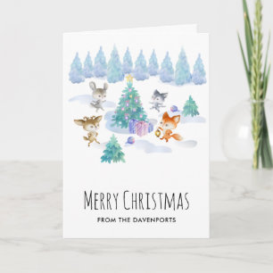 Forest Animals Dancing Around Christmas Tree Card