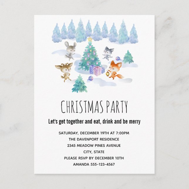 Forest Animals Dancing Around Christmas Tree Invitation Postcard (Front)