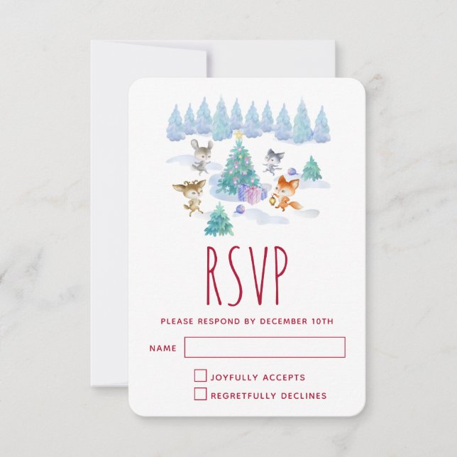 Forest Animals Dancing Around Christmas Tree RSVP Card (Front)