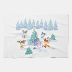 Forest Animals Dancing Around Christmas Tree Tea Towel