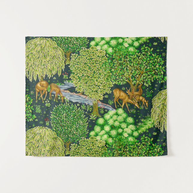 FOREST ANIMALS, DEERS BY A BROOK Blue Green Floral Tapestry (Front (Horizontal))