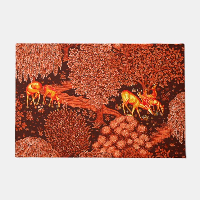 FOREST ANIMALS, DEERS BY A BROOK Red Yellow Floral Doormat (Front)
