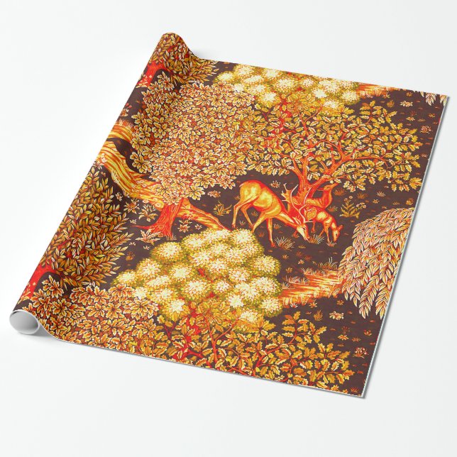 FOREST ANIMALS, DEERS BY A BROOK Red Yellow Floral Wrapping Paper (Unrolled)