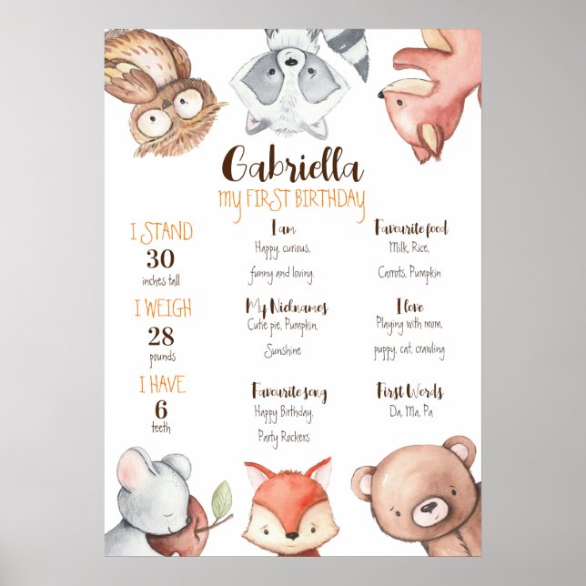 Forest animals first birthday milestone board  poster (Front)