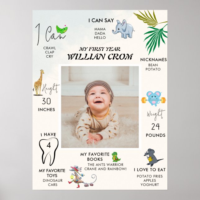 Forest Animals First Year First Birthday Milestone Poster (Front)