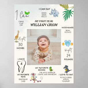 Forest Animals First Year First Birthday Milestone Poster