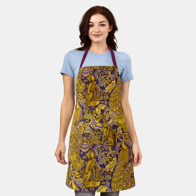 FOREST ANIMALS Fox,Peacock,Hare Gold Purple Floral Apron (Worn)