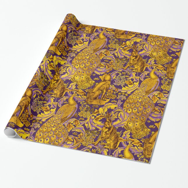 FOREST ANIMALS,FOX,PEACOCK,HARE,Gold Purple Floral Wrapping Paper (Unrolled)