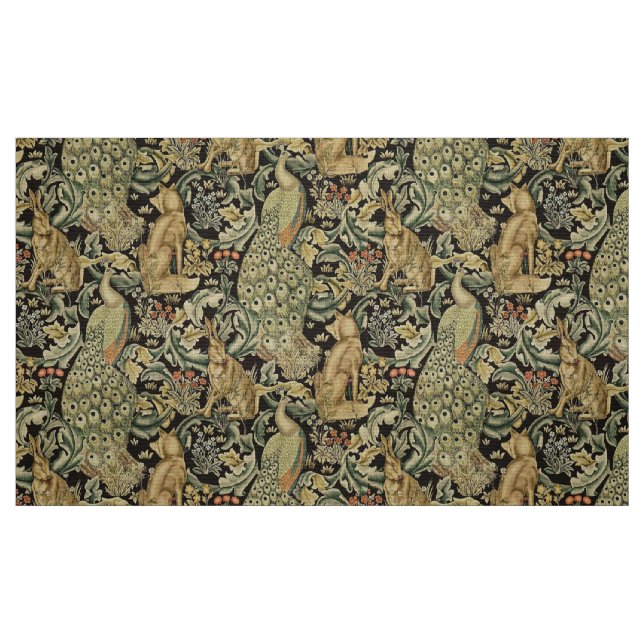 FOREST ANIMALS ,FOX, PEACOCK, HARE GREEN FLORAL FABRIC (Fat Quarter)