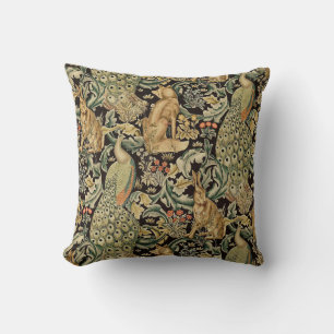 FOREST ANIMALS ,FOX, PEACOCK, HARE IN GREEN FLORAL CUSHION