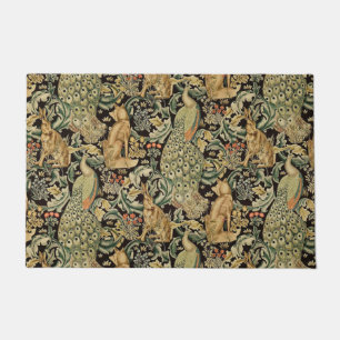 FOREST ANIMALS ,FOX, PEACOCK, HARE IN GREEN FLORAL DOORMAT