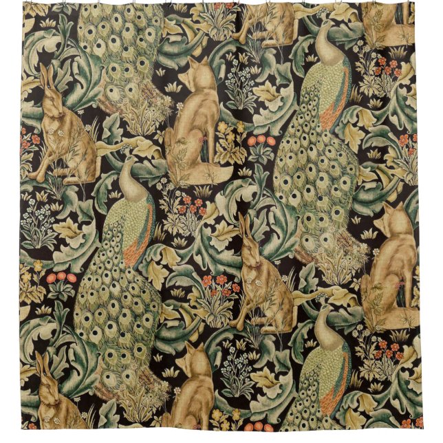 FOREST ANIMALS Fox ,Peacock, Hare In Green Floral Shower Curtain (Front)