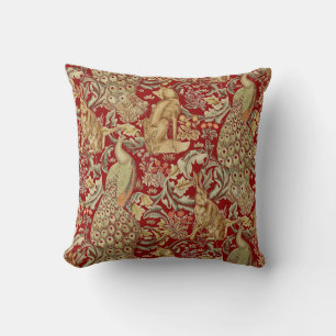 FOREST ANIMALS ,FOX, PEACOCK, HARE IN RED FLORAL CUSHION