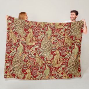 FOREST ANIMALS ,FOX, PEACOCK, HARE IN RED FLORAL FLEECE BLANKET