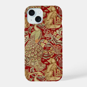 FOREST ANIMALS ,FOX, PEACOCK, HARE IN RED FLORAL iPhone 15 CASE