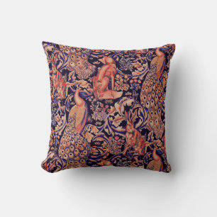 FOREST ANIMALS ,FOX,PEACOCK, HARE PINK BLUE FLORAL CUSHION