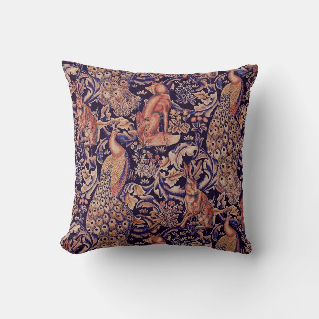FOREST ANIMALS ,FOX,PEACOCK, HARE PINK BLUE FLORAL CUSHION (Front)
