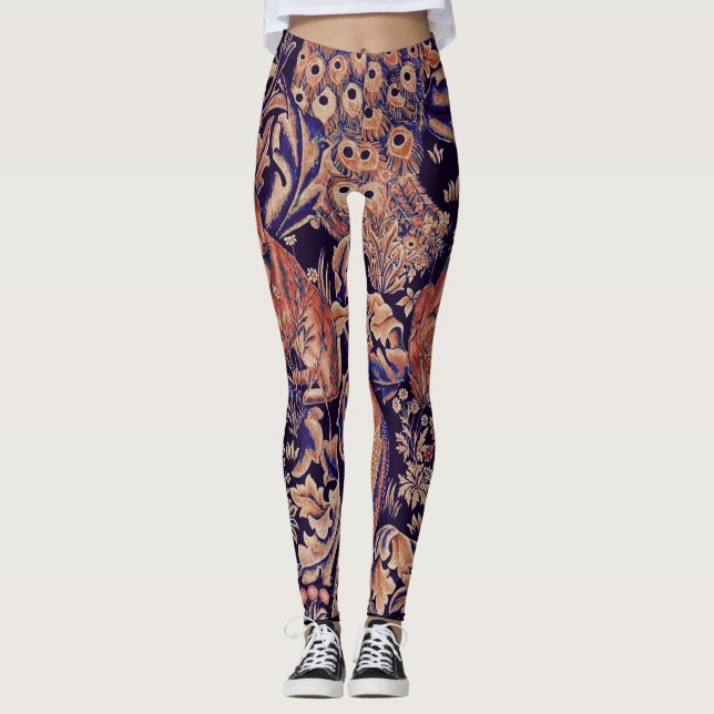 FOREST ANIMALS,FOX,PEACOCK, HARE  PINK BLUE FLORAL LEGGINGS (Front)