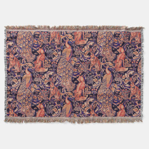 FOREST ANIMALS ,FOX, PEACOCK, HARE PINK BLUE THROW BLANKET