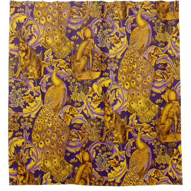 FOREST ANIMALS Fox,Peacock,Hare Purple Gold Floral Shower Curtain (Front)