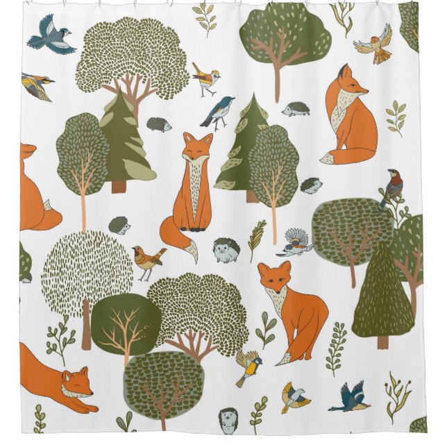 Forest animals: foxes, birds pattern shower curtain (Front)