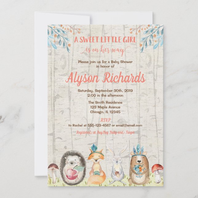 Forest animals friends woodland girl baby shower invitation (Front)