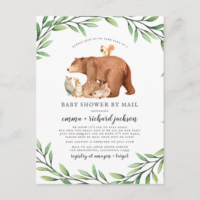 Forest Animals Gender Neutral Baby Shower By Mail Invitation Postcard (Front)