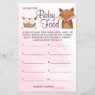 Forest Animals Guess Baby food shower game card