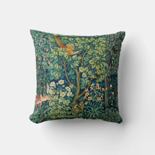 FOREST ANIMALS Hares,Pheasant Bird, Green Floral Cushion